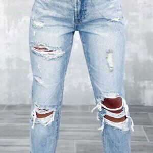 NEW High-Waist Distressed Slim Fit Jeans | Light Wash Frayed Denim | Size 8 & 12